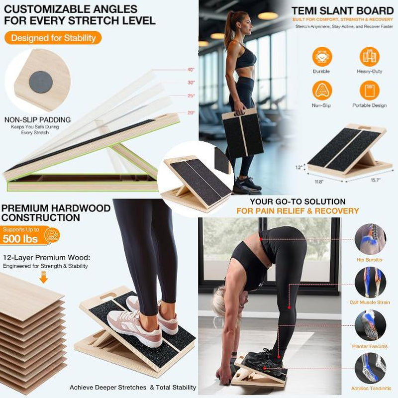 Slant Board for Thigh Exercises, Leg Stretches, Squats and Physical Therapy, Pilates Shaping Equipment, Adjustable Portable Wooden Calf Slant Board Stretcher, 300-Pound Load-Bearing Calf Stretching Wedge Pad, Suitable for Office, Home and G Ankle Mobility