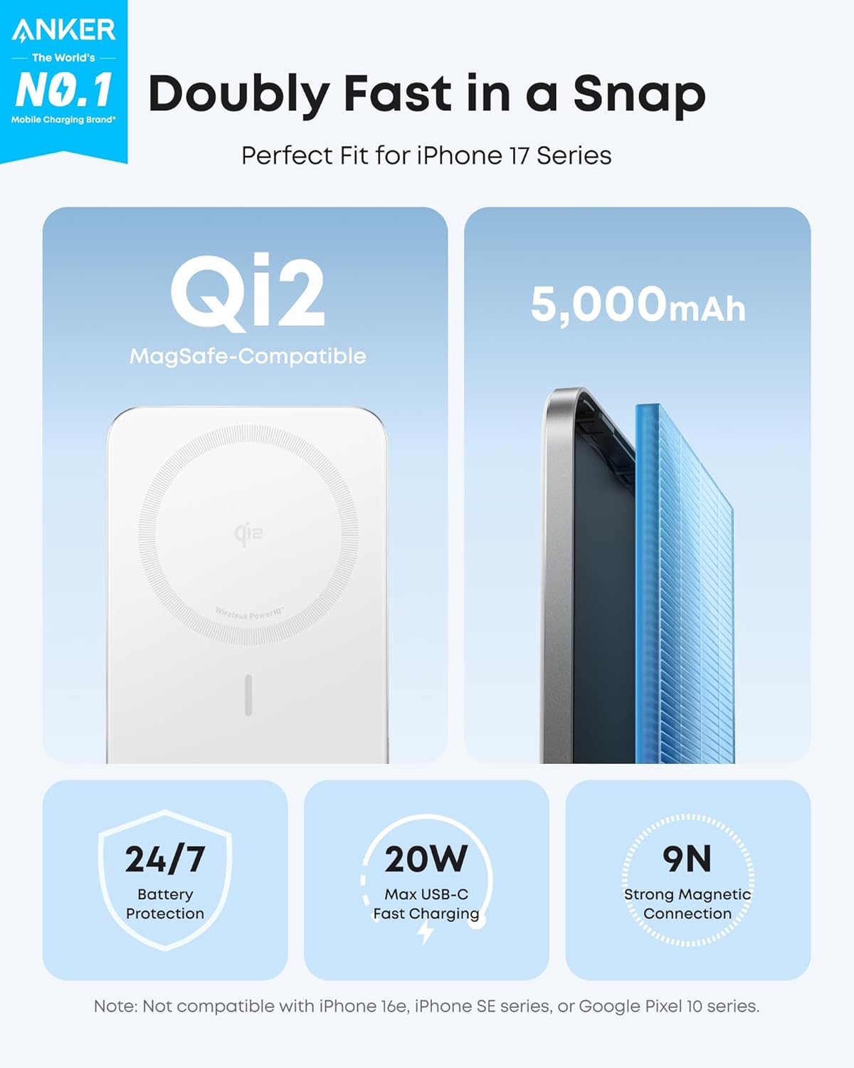 Nano Power Bank, Ultra-Slim 5,000Mah Magnetic Wireless Charging Battery, Qi2 Certified 15W Max Magsafe-Compatible Portable Charger, Ergonomic Design, for Iphone Air/17/16 Series