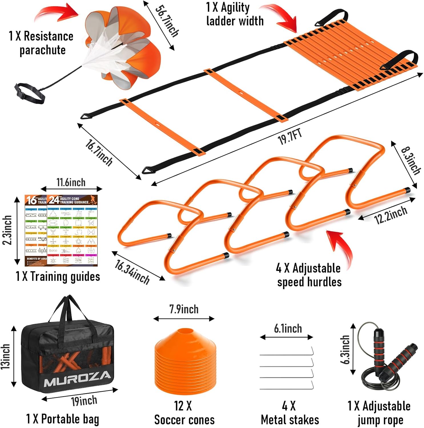 Agility Ladder, Speed Training Equipment Set, 20Ft Agility Ladder, 12 Soccer Cones, 4 Hurdles, Jump Rope, Running Parachute, Basketball Football Soccer Training Equipment for Kids, Youth, Adults