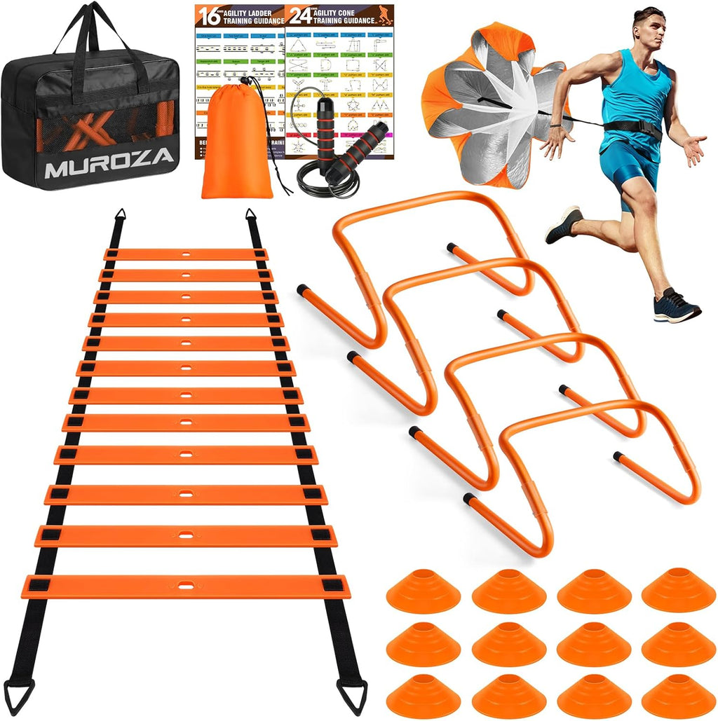 Agility Ladder, Speed Training Equipment Set, 20Ft Agility Ladder, 12 Soccer Cones, 4 Hurdles, Jump Rope, Running Parachute, Basketball Football Soccer Training Equipment for Kids, Youth, Adults