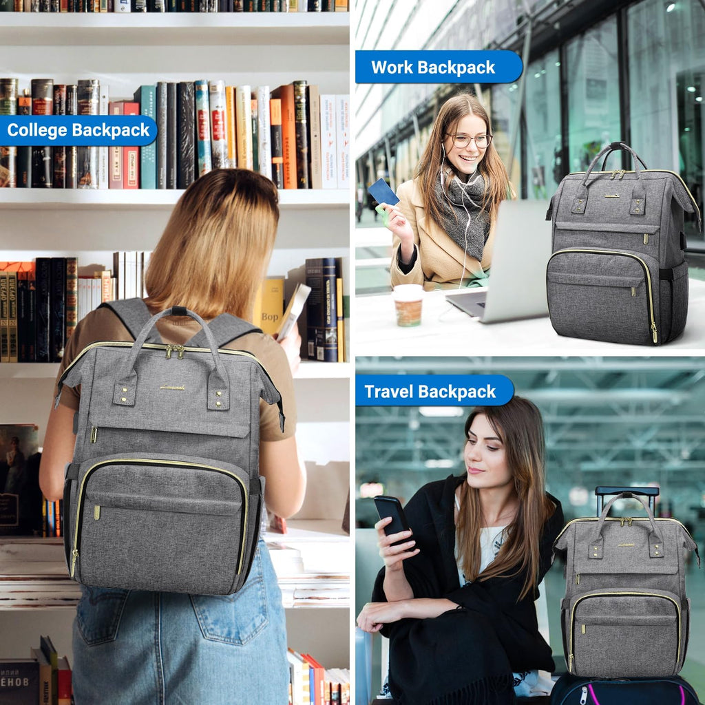 Laptop Backpack Women, 15.6 Inch Work Backpack Woman for Teacher Nurse Bags, Computer College Backpack Purse, Waterproof Anti-Theft Travel Back Pack with USB Charging Port, Grey
