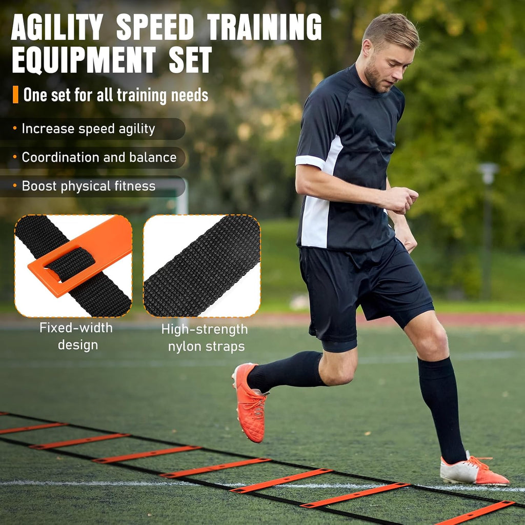 Agility Ladder, Speed Training Equipment Set, 20Ft Agility Ladder, 12 Soccer Cones, 4 Hurdles, Jump Rope, Running Parachute, Basketball Football Soccer Training Equipment for Kids, Youth, Adults