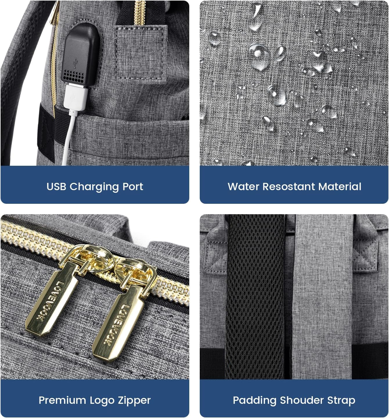 Laptop Backpack Women, 15.6 Inch Work Backpack Woman for Teacher Nurse Bags, Computer College Backpack Purse, Waterproof Anti-Theft Travel Back Pack with USB Charging Port, Grey