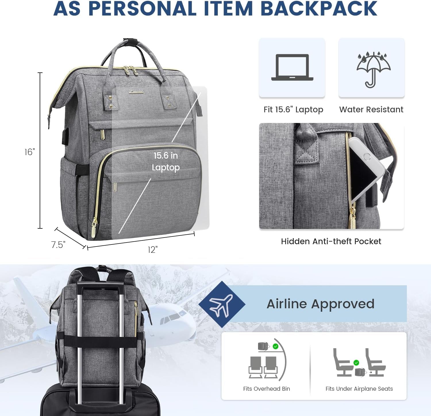 Laptop Backpack Women, 15.6 Inch Work Backpack Woman for Teacher Nurse Bags, Computer College Backpack Purse, Waterproof Anti-Theft Travel Back Pack with USB Charging Port, Grey