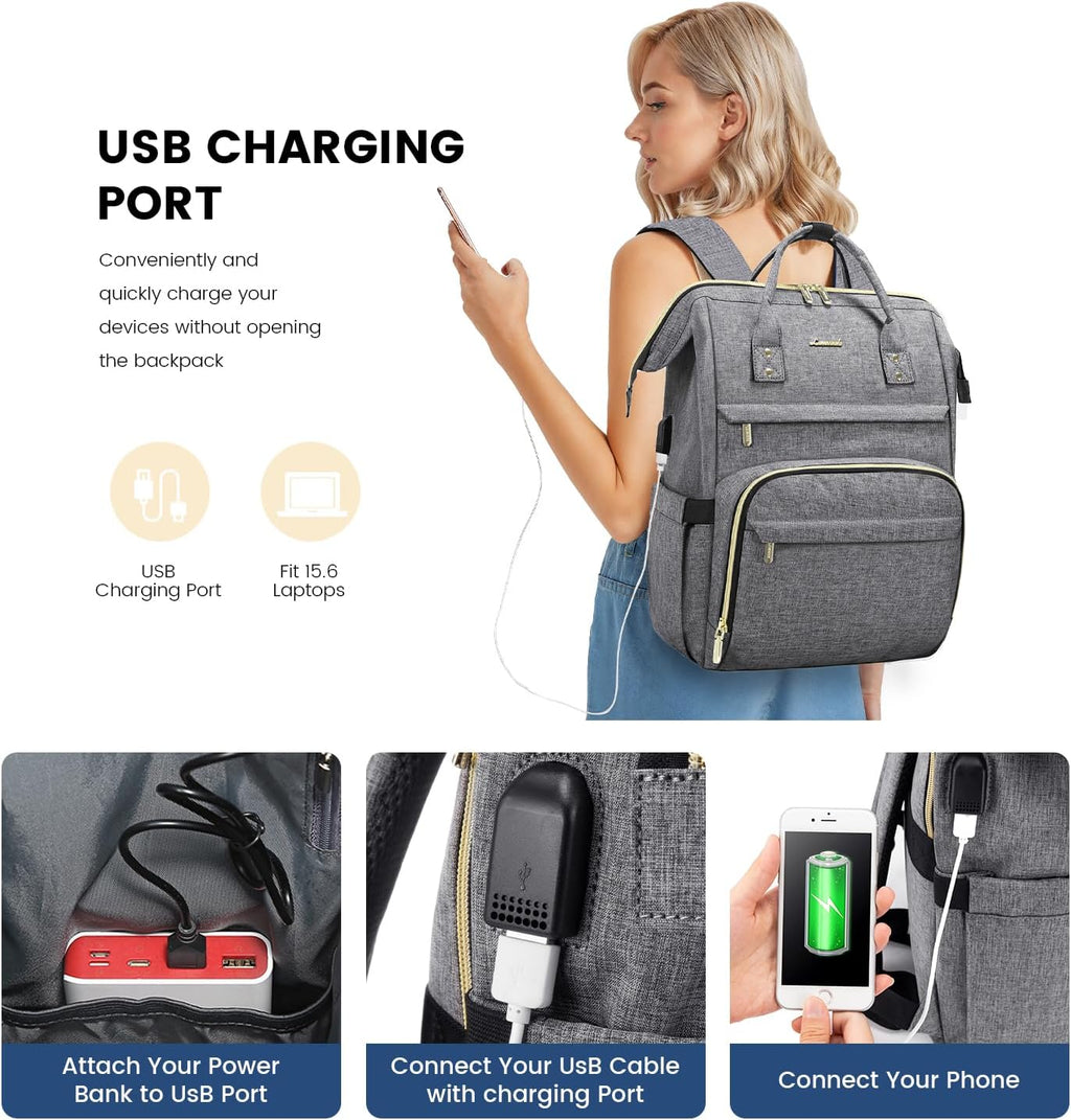 Laptop Backpack Women, 15.6 Inch Work Backpack Woman for Teacher Nurse Bags, Computer College Backpack Purse, Waterproof Anti-Theft Travel Back Pack with USB Charging Port, Grey